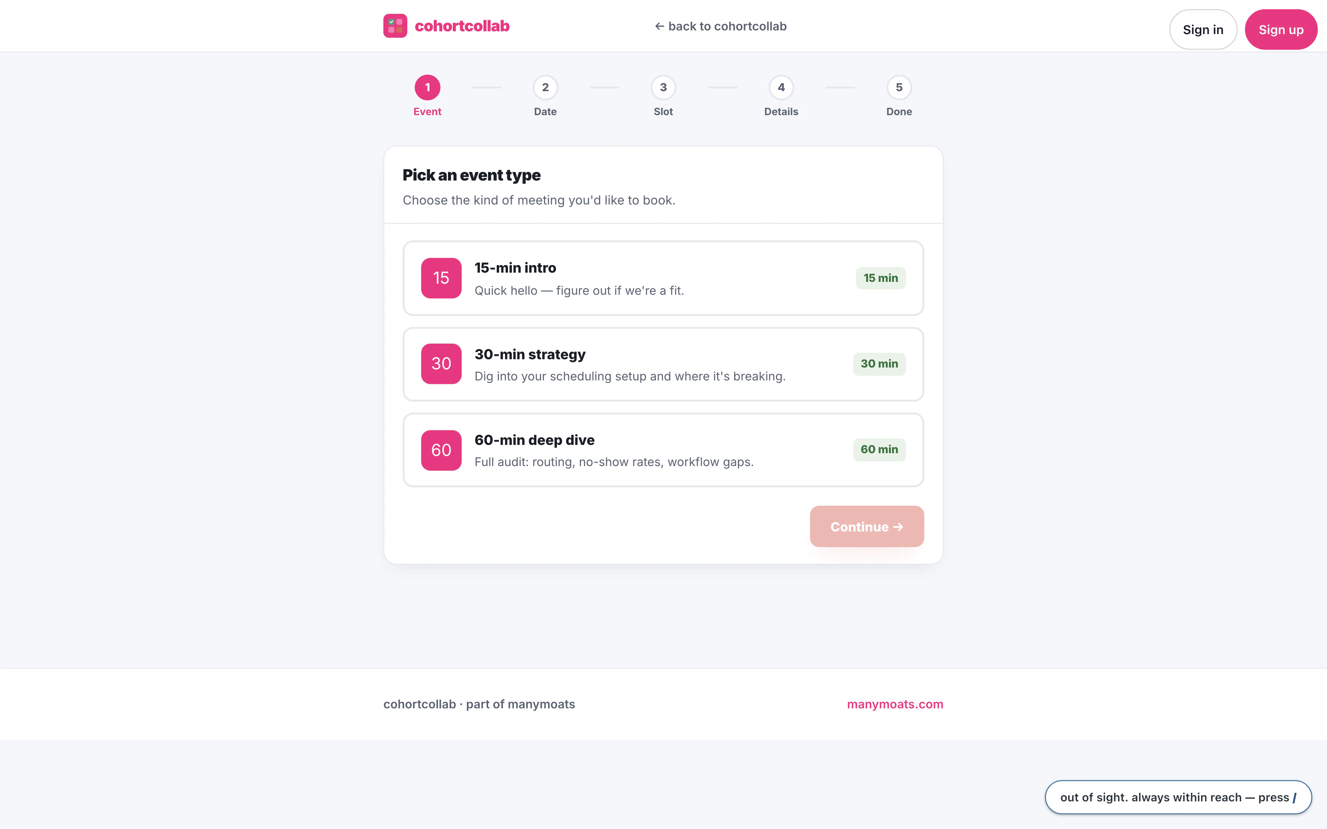 cohortcollab's booking flow, live: step one of five, offering a 15-minute intro, a 30-minute strategy session and a 60-minute deep dive, each with what it is for.